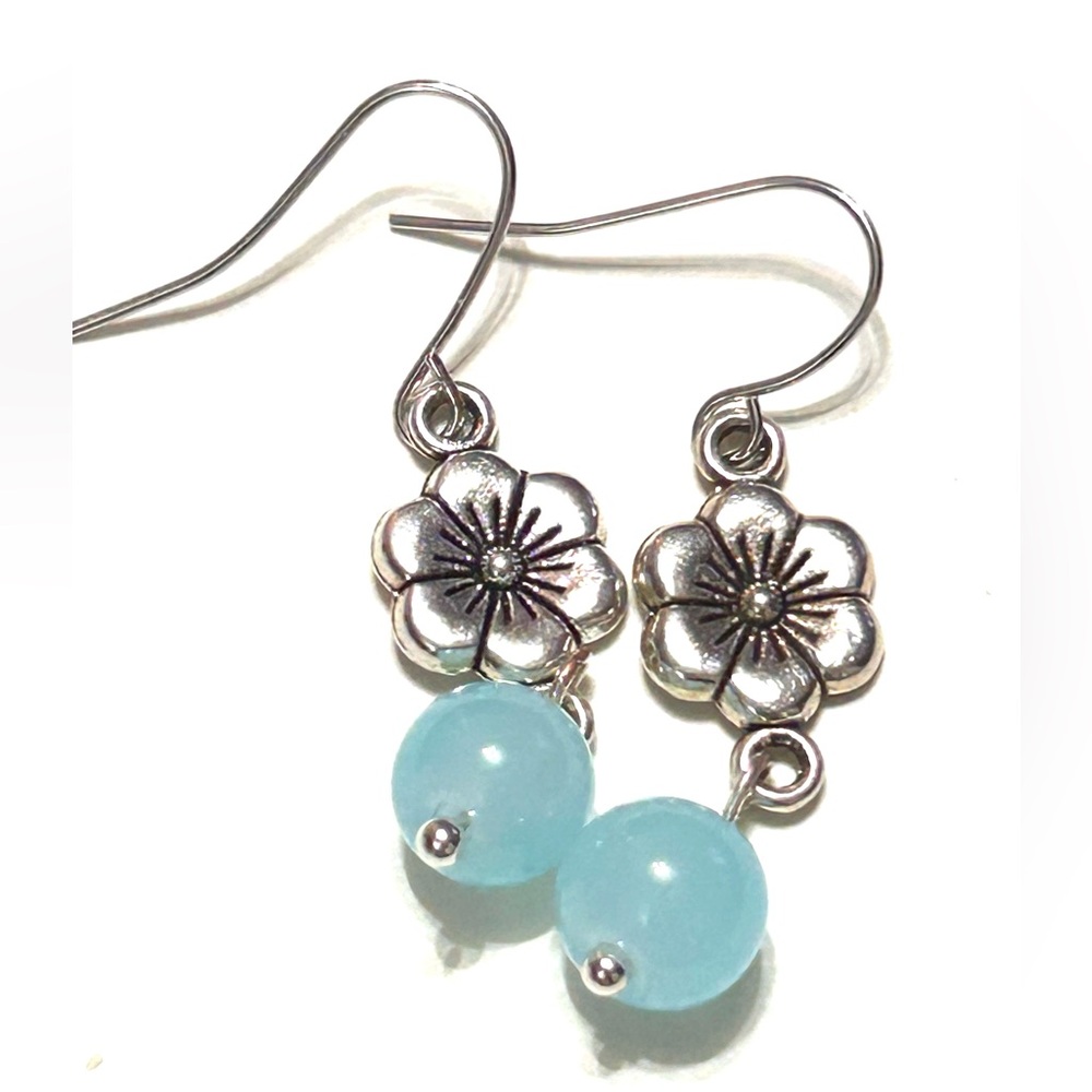Silver Flower With Blue Stone Beads Earrings - Picture 3 of 4